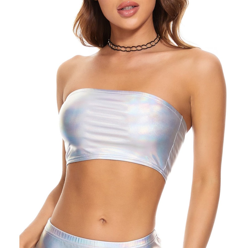 NWT Women's Silver Holographic Metallic Bandeau Crop Top Strapless Small